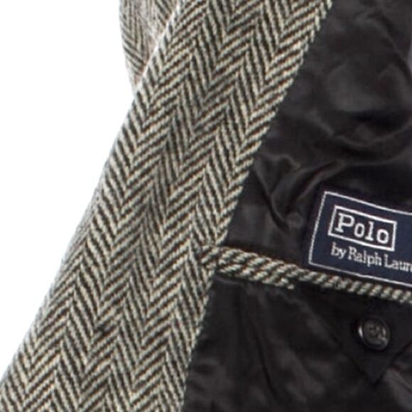Vintage Polo Ralph Lauren Black & Cream Wool Herringbone Tweed & Leather Blazer - Picture 13 of 17